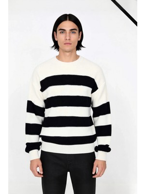 Ersefa Erkek Basic Koleksiyon Uzun Kollu Rahat Çizgili Bisiklet Yaka Akrilik Oversize Triko Kazak