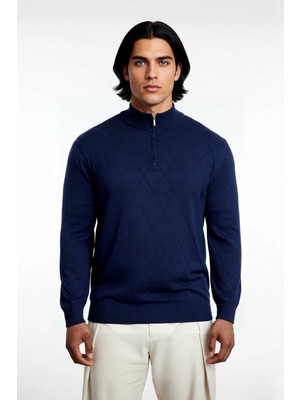 Ersefa Erkek Gri Regular Fit Yarım Fermuarlı Dik Yaka Baklava Triko Kazak Kışlık Günlük Şıklık Için