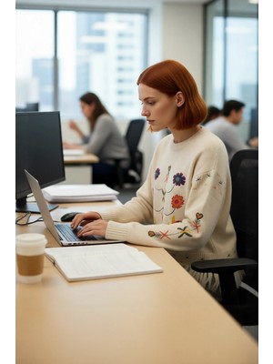 FRM Kadınlara Özel Basic Regular Kalıp Nakış Işlemeli Bisiklet Yaka Super Crop Uzun Kollu Triko Kazak