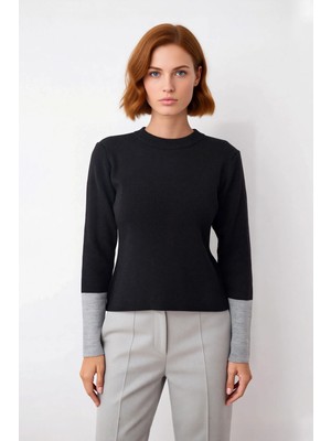 Ersefa Kadınlara Özel Regular Kalıp Bisiklet Yaka Renk Bloklu Uzun Kollu Triko Kazak Günlük Şıklık