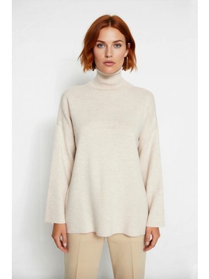 Ersefa Kadınlara Özel Oversize Kesim Düz Desen Balıkçı Yaka Uzun Kollu Triko Kazak Kış Modası Kaliteli