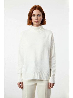 Ersefa Kadın Basic Oversize Dik Yaka Triko Kazak Düşük Kol Uzun Boy Kışlık Günlük Şıklık Sunar Kaliteli