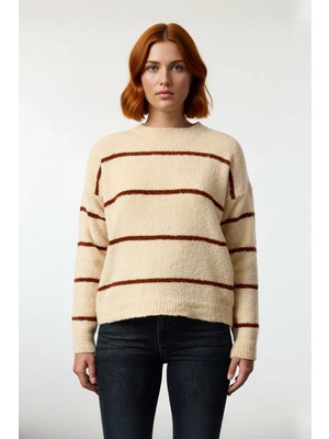 Ersefa Kadın Geniş Kalıp Çizgili Kışlık Triko Kazak Rahat Bisiklet Yaka Düşük Kollu Konforlu Tasarım