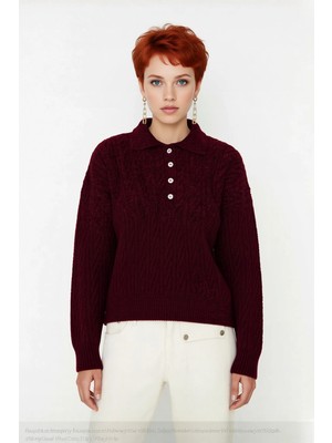 Ersefa Kadın Oversize Triko Polo Yaka Saç Örgü Düşük Kollu Rahat Kışlık Basic Stil Kazak Kaliteli