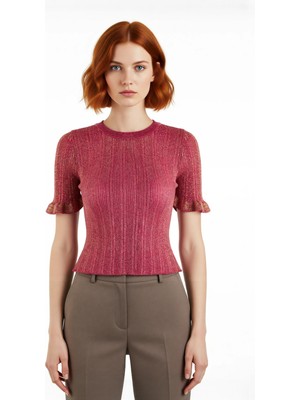 Ersefa Kadın Bisiklet Yaka Ince Triko Crop Bluz Simli Detaylı Kısa Kollu Günlük Şık Giyim Kaliteli