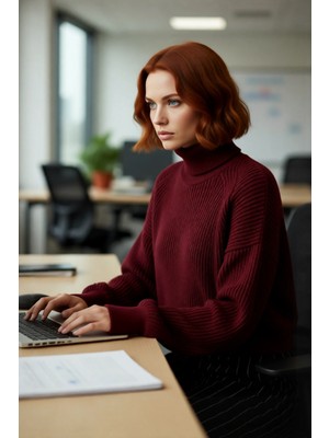 FRM Rahat Kadın Oversize Bordo Balıkçı Yaka Uzun Kollu Fitilli Crop Triko Akrilik Kazak Kaliteli