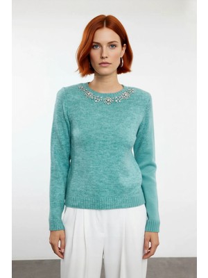 Ersefa Kadın Taş Işlemeli Bisiklet Yaka Triko Ince Dokulu Regular Kalıp Uzun Kollu Şık Kazak Kaliteli