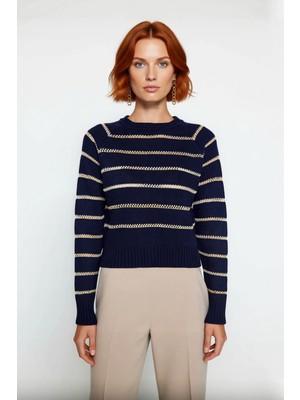 Ersefa Kadın Lacivert Simli Çizgili Oversize Triko Kazak Modeli Soğuk Kış Günlerine Şıklık Katın Kaliteli