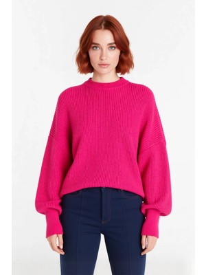 Ersefa Kadın Oversize Basic Uzun Balon Kol Selanik Dokuma Triko Kazak 100% Akrilik Soğuk Havalar Kaliteli