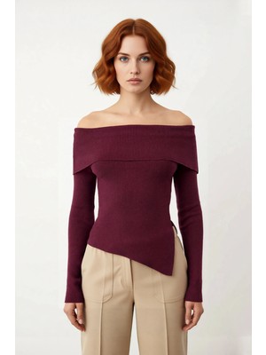 Ersefa Kadın Fitted Carmen Yaka Düz Ince Triko Bluz Uzun Standart Kol Şık Tasarım Günlük ve Gece Kombinleri