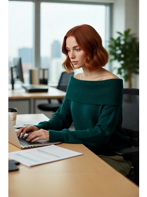 FRM Kadın Triko Kışlık Kazak Regular Kalıp Uzun Kollu Carmen Yaka Günlük ve Şık Kombinler Için