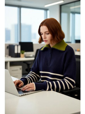 FRM Kadın Kışlık Geniş Kalıp Düşük Kol Triko Kazak Yarım Fermuar Detaylı Çizgili Tasarım Kaliteli