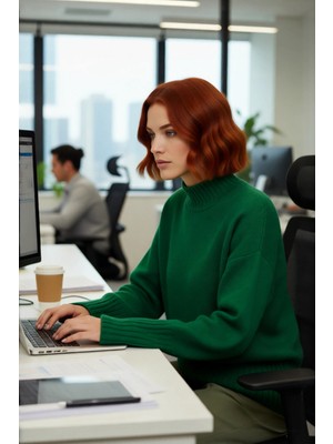 FRM Kadın Basic Düz Desen Oversize Kesim Dik Yaka Triko Kazak Reglan Kol Kış Aylarının Konforlu Şıklığı