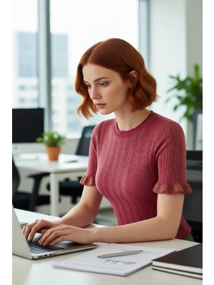 FRM Kadın Fitted Kesim Simli Ince Triko Bluz Bisiklet Yaka Fırfır Kollu Crop Model Modern Stil