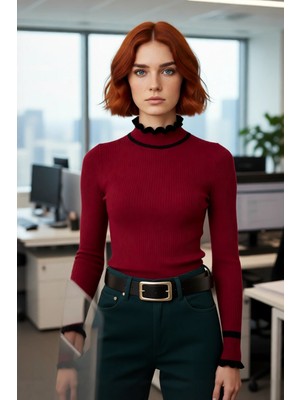 FRM Kadın Akrilik Dokuma Dik Yaka Fitilli Triko Kazak Kış Sezonu Için Özel Tasarım Rahat ve Şık Görünüm