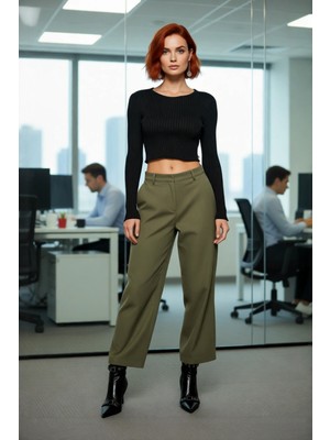 FRM Kadın Şık Fitted Super Crop Uzun Kollu Bisiklet Yaka Triko Bluz Fitilli Dokulu Yanları Yırtmaçlı