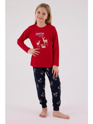 Arnetta 3450C Kız Çocuk Kırmızı Uzun Kollu Kış Temalı Pijama Takımı