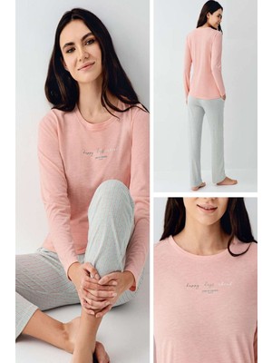 Pierre Cardin 9050 Kadın Somon Uzun Kollu Yuvarlak Yaka Pijama Takımı