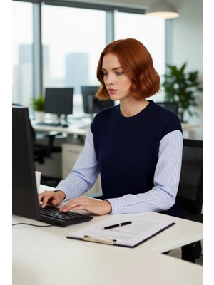 FRM Kadın Lacivert Renk Bloklu Oversize Bisiklet Yaka Çizgili Gömlek Detaylı Triko Kazak Modern Rahatlık