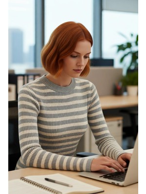 FRM Kadın Casual Çizgili Bisiklet Yaka Fitted Akrilik Uzun Kol Triko Basic Günlük Kazak Kaliteli