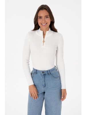 U.S. Polo Assn. Kadın Ekru V Yaka Fermuarlı Kazak 50316869-VR019