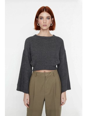 Ersefa Kadın Gri %100 Akrilik Oversize Selanik Dokuma Bisiklet Yaka Ispanyol Kol Crop Triko Kazak