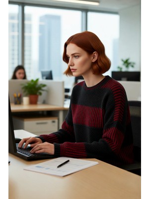 FRM Kadın Basic Siluet Uzun Kollu Oversize Kesim Renk Bloklu Pike Dokuma Triko Kazak Kış Kombinlerinin