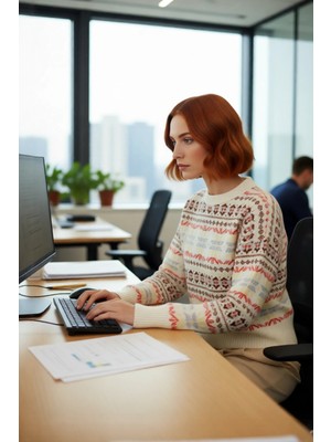 FRM Kadın Oversize Bisiklet Yaka Etnik Desen Triko Kazak Düşük Kol Detayıyla Şık Kış Kombinleri