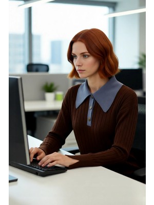 FRM Kadın Dokulu Fitilli Triko Kazak Polo Yaka Düşük Kollu Akrilik Kışlık Casual Giyim Kaliteli