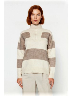 Ersefa Kadın Triko Çizgili Fermuarlı Dik Yaka Oversize Kazak Konforlu Düşük Kol Kış Giyim Tarzı Kaliteli