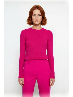 Ersefa Kadın Fitted Uzun Kol Bisiklet Yaka Triko Kazak Fitilli Düz Desen Akrilik Günlük Şıklık Kaliteli