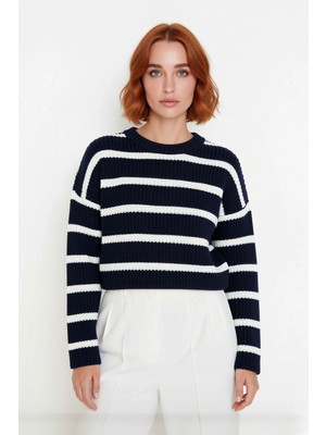 Ersefa Kadınlara Özel Basic Çizgili Oversize Triko Kazak Bisiklet Yaka Uzun Düşük Kol Kış Şıklığı