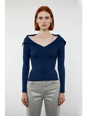 Ersefa Kadın Şık Devrik Yaka Fitilli Triko Üst Fitted Kesim Uzun Kol Crop Model Ilkbahar Sonbahar