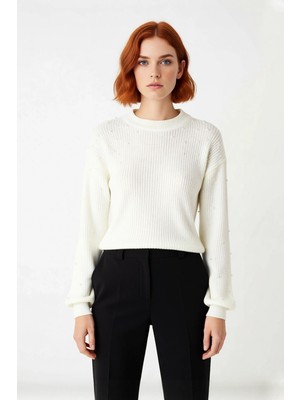 Ersefa Kadın Inci Detaylı Bisiklet Yaka Regular Kalıp Düşük Kol Fitilli Triko Kazak Günlük Şıklık