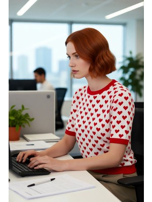 FRM Kadın Günlük Giyim Için Sevimli Kalp Desenli Regular Fit Akrilik Bisiklet Yaka Triko Bluz Kaliteli