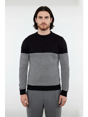 Ersefa Erkek Bisiklet Yaka Çizgili Triko Kazak Slim Fit Kesimiyle Günlük Stilinize Şıklık Katıyor