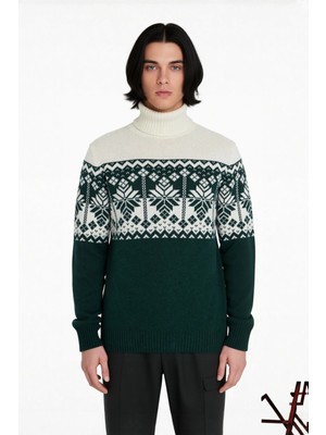 Ersefa Erkek Kalın Triko Regular Kesim Balıkçı Yaka Panelli Etnik Desen Kazak Sonbahar Kış Stili Için