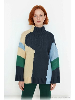 Ersefa Kadın Şık Dik Yaka Oversize Renk Bloklu Düşük Kol Uzun Triko Kazak Kış Modasına Yeni Bir Soluk
