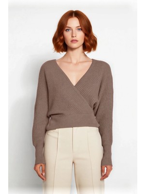 Ersefa Kadın Basic Düz Desen Yarasa Kol Uzun Kollu Orta Kalınlık Akrilik Süper Crop Triko Kazak Kaliteli