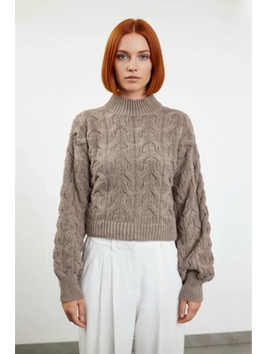 Ersefa Kadın Oversize Balon Kol Dik Yaka Saç Örgü Crop Akrilik Triko Kazak Kış Modasına Uyumlu Kaliteli