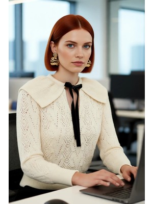 FRM Kadın Triko Ajurlu Inci Detaylı Fular Yaka Kazak Regular Kalıp Uzun Kol Günlük ve Konforlu Giyim