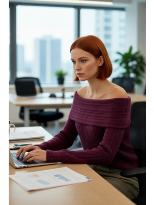 FRM Kadın Uzun Kollu Fitilli Triko Kazak Carmen Yaka Regular Kalıp Şık Gündüz Gece Kombinleri Kaliteli