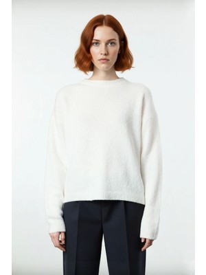 Ersefa Kadın Geniş Kalıp Çizgili Kışlık Triko Kazak Rahat Bisiklet Yaka Düşük Kollu Konforlu Tasarım