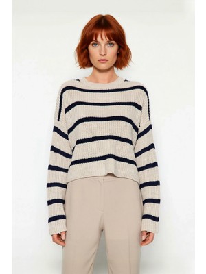 Ersefa Kadınlara Özel Basic Çizgili Oversize Triko Kazak Bisiklet Yaka Uzun Düşük Kol Kış Şıklığı