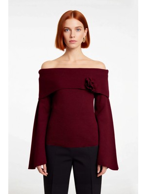 Ersefa Kadın Carmen Yaka Gül Detaylı Triko Kazak Zarif Şık Regular Kalıp Çan Kol Gündüz Gece Kombin