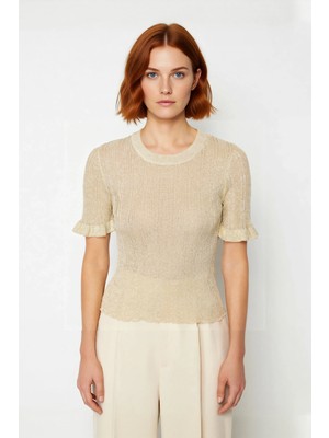 Ersefa Kadın Bisiklet Yaka Ince Triko Crop Bluz Simli Detaylı Kısa Kollu Günlük Şık Giyim Kaliteli