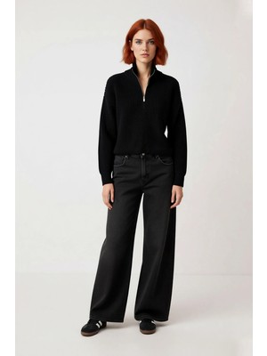 Ersefa Kadın Basic Oversize Düşük Uzun Kollu Crop Fermuarlı Dik Yaka Triko Kazak Kışlık Rahat Stiller