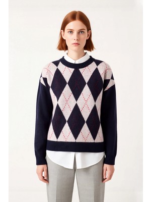 Ersefa Kadınlar Için Konforlu Oversize Baklava Desenli Düşük Kol Triko Kazak Kış Stilinin Gözdesi