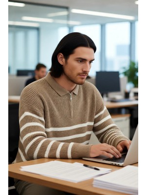 FRM Erkek Polo Yaka Oversize Kalıp Triko Çizgili Kazak Lacivert Renk Kalın Selanik Dokuma Kışlık Giysi