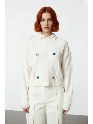 Ersefa Kadın Düşük Kol Polo Yaka Saç Örgü Dokulu Crop Triko Kazak Bej Rengi Akrilik Günlük Şıklık